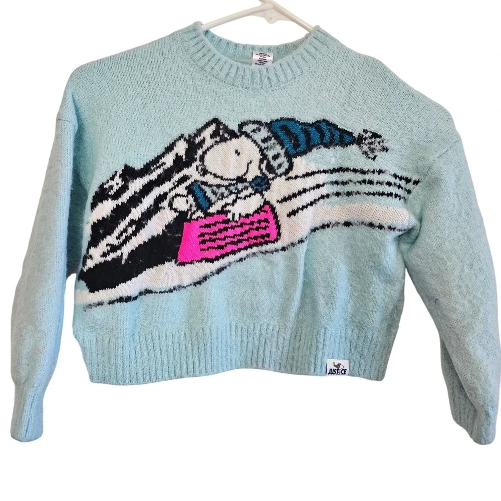 Justice Girls Snoopy Peanuts Sledding Fuzzy Knit Sweater Light Blue XS‎ 5/6